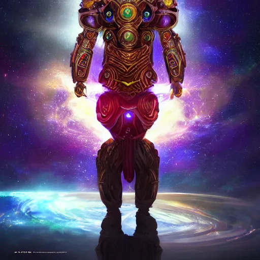 Image similar to photorealistic fantasy cosmic concept art of a cosmic god with armor made out of planets and dark matter, hovering in a unknown galaxy, fully body portrait, cinematic, dynamic lighting, ultra detailed, creative, trending on art station, stunning visuals, creative