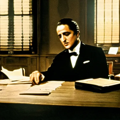 Image similar to scene from the godfather with the godfather seated at his desk