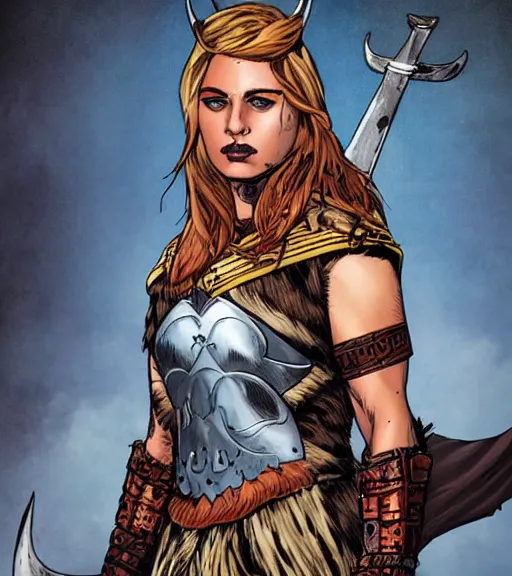 Prompt: Viking female warrior, by MARVEL comics and Sandra Chevrier, 4k