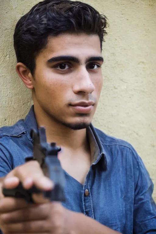 Prompt: a portrait of a handsome 2 3 years old cuban man holding a gun