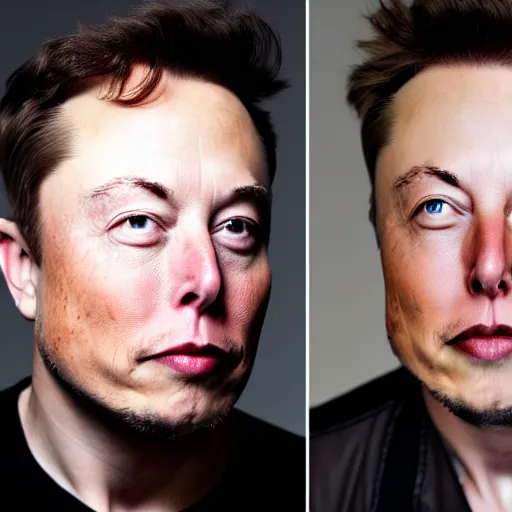 Image similar to A portrait photo of Elon Musk teams up with a teenage Elon Musk, perfect faces, 50 mm, award winning photography