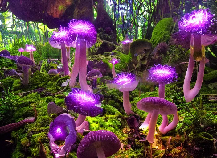 Image similar to glowing delicate flower and mushrooms that grow in fatansy forest on the planet Pandora,