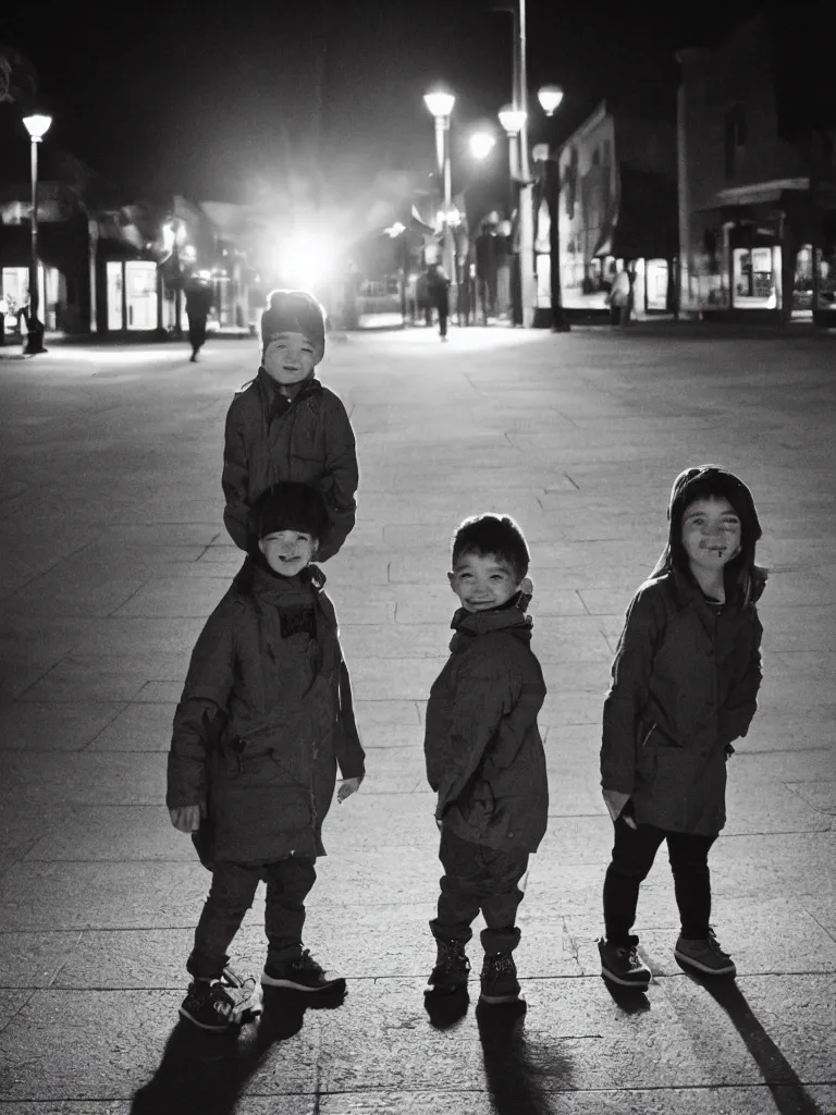 Image similar to two kids posing for a picture at night, backlit, small town, town square, lomography