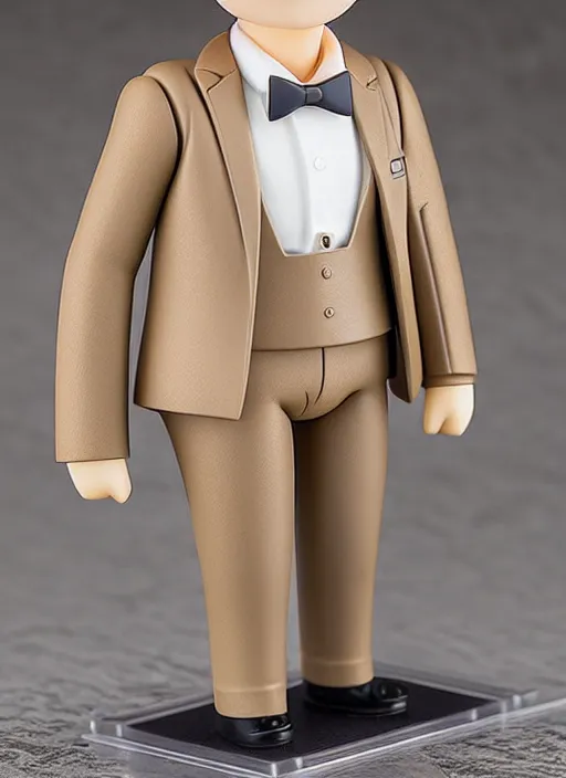 Prompt: nendoroid gentleman in beige suit, aziraphale from good omens, good omens tv series, white curly short hair, beige suit, tartan pants, long coat, bow tie, michael sheen