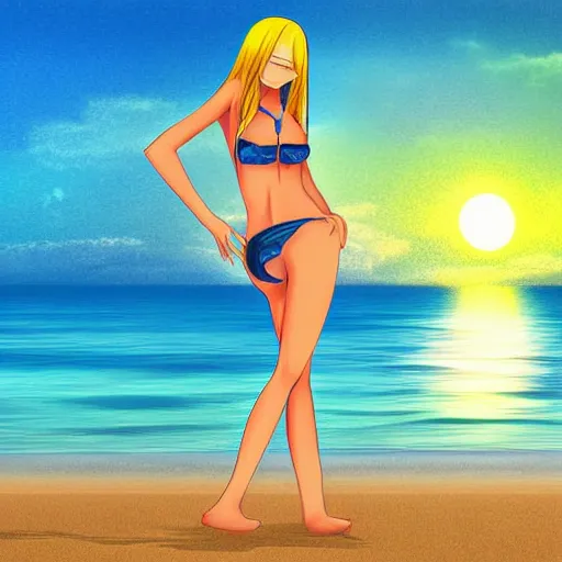 Prompt: digital art hand-drawn beautiful anime girl in a bikini watching the sunset on a beach