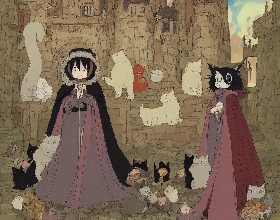 Image similar to a cute old witch queen wearing a heavily embroidered velvet cloak, surrounded by fluffy cats, in a old medieval castle, by hayao miyazaki, studio ghibli, anime masterpiece, sharp, wide angle shot, head to toe, standing pose, feet on the ground