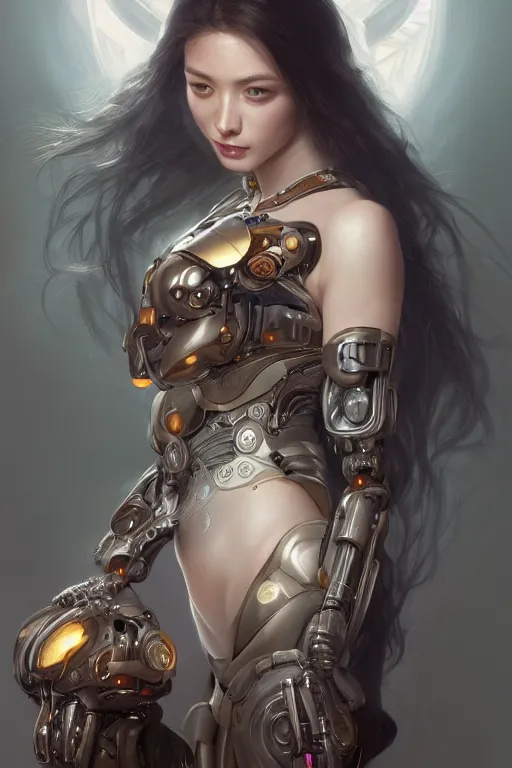 Image similar to Portrait of beautiful smiling Ultra realistic illustration, beautiful alluring female cyborg, cyberpunk, sci-fi, fantasy, intricate, elegant, highly detailed, digital painting, artstation, concept art, smooth, sharp focus, illustration, art by Yintion J , Jiang Geping and artgerm and greg rutkowski and alphonse mucha.