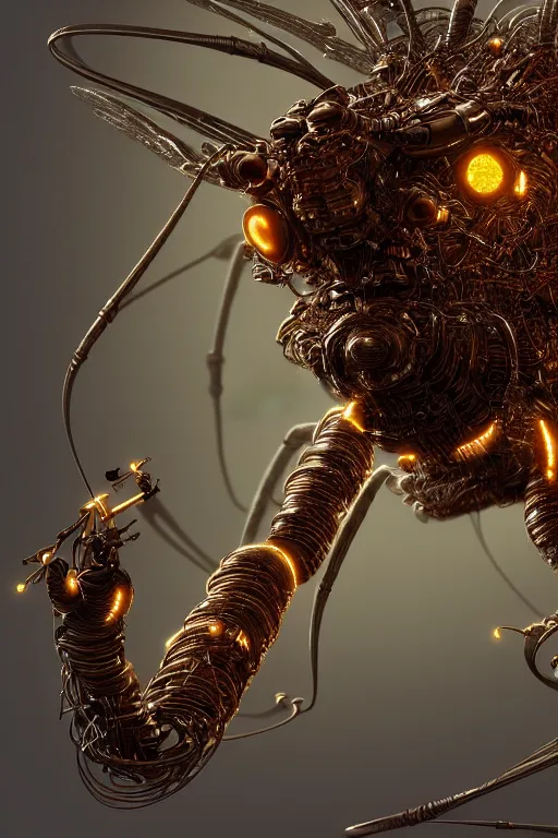 Image similar to a macro photograph of a bio - mech dragonfly made from cables and bio - organic micro organisms and metal parts and led, beautifully lit, by tomasz alen kopera and peter mohrbacher and craig mullins, 3 d, trending on artstation, octane render, 8 k