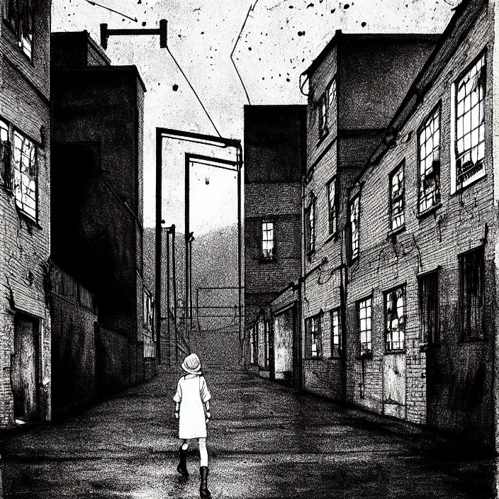 Image similar to [ sadie sink in dirty workmen clothes walks ] next to [ a long street with newcastle terraced housing ]. background : factory, dirty, polluted. technique : black and white pencil and ink. by gabriel hardman, joe alves, chris bonura. cinematic atmosphere, detailed and intricate, perfect anatomy