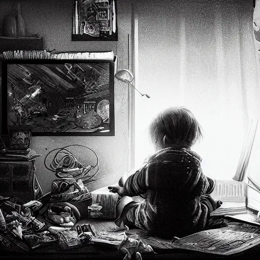 Image similar to a black and white photo, a child sits in a cluttered bedroom, in front of a computer, as their imagination spills onto the screen ond out the other side into a wave of color and magic, detailed intricate ink illustration, dark atmosphere, detailed illustration, hd, 4k, digital art, overdetailed art, concept art, by greg rutkowski, by loish, complementing colors, Trending on artstation, deviantart