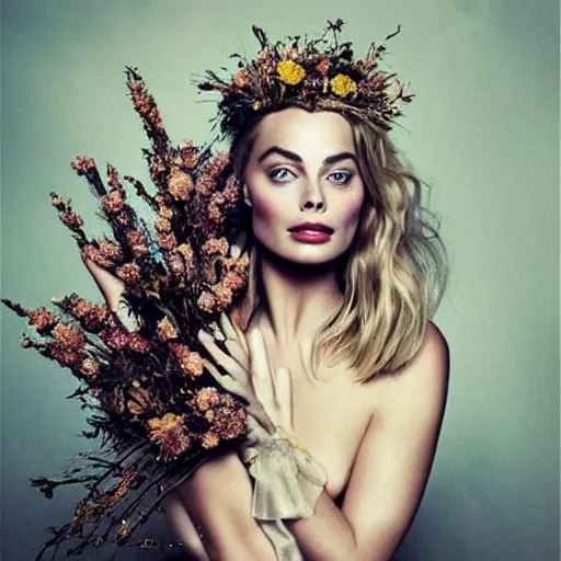 Image similar to fine art photo of the beauty goddess margot robbie, she has a crown of dried flowers, by oleg oprisco