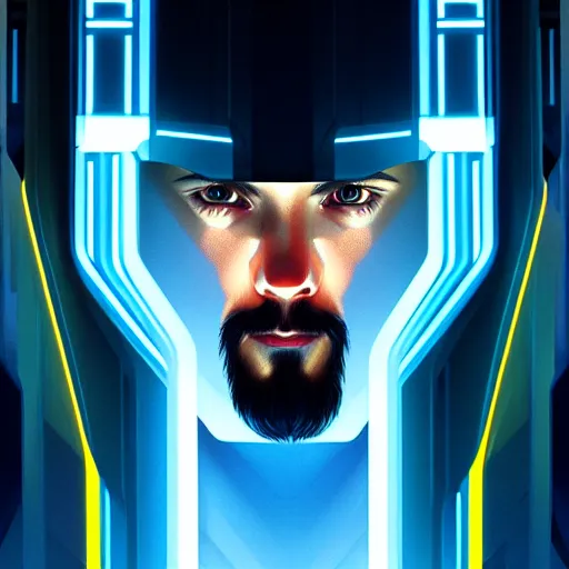 Prompt: portrait of tron legacy jesus, hyper realistic, concept art, intricate, hyper detailed, smooth, illustration. artstation, rutkowski, gurney, alphonse mucha