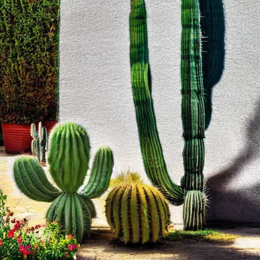 Image similar to a gigantic cactus in the centre of a courtyard, sun streaming in, shadows, high detail, realistic photo