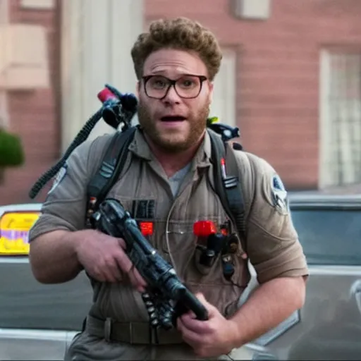 Image similar to awe inspiring Seth Rogen playing a Ghostbuster in a still from the movie Ghostbusters 8k hdr