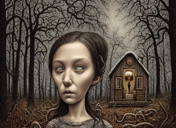 Prompt: intricate detailed portrait of a character in front of a cabin in a dark mysterious forest by mark ryden, naoto hattori, giger