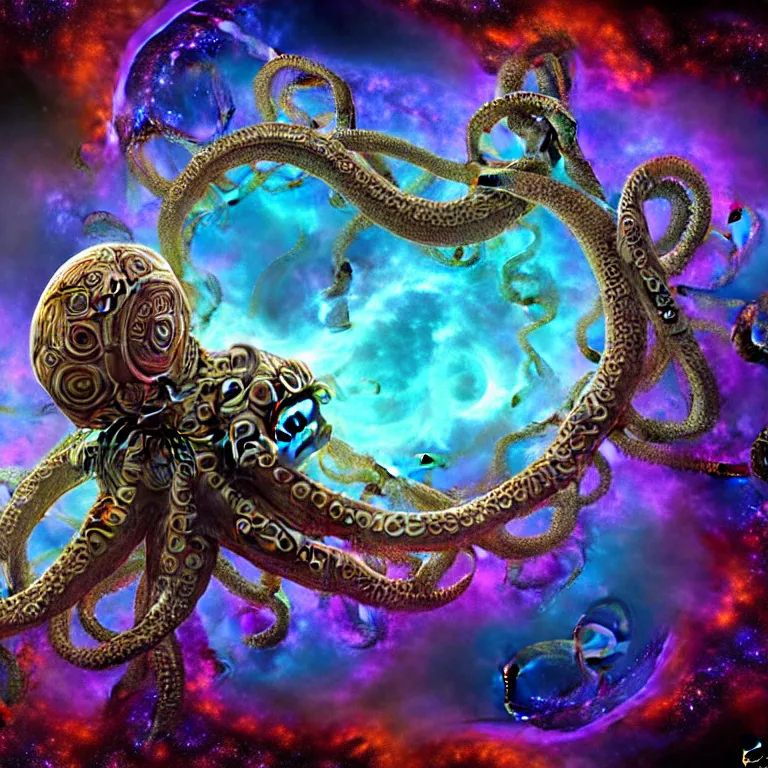 Prompt: a dramatic and beautiful digital matte painting of large space octopus with legs made of fractal celtic knots floating in front of beautiful nebulae, trending on cgartist, hi-fructose, mandala, ultra detailed 8k