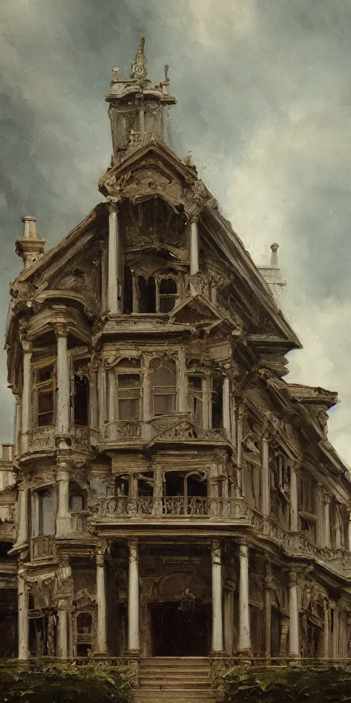 Prompt: detailed baroque oil painting of a singular dilapidated victorian house made of pipe organ parts, style of goya and fritz lang and alan lee, trending on artstation