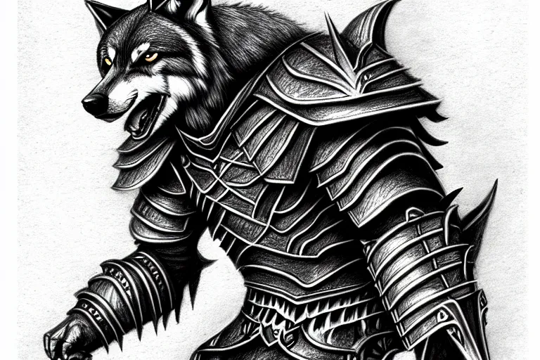 Image similar to a pencil drawing of a wolf, full body, D&D, armor, made by by Pen Tacula