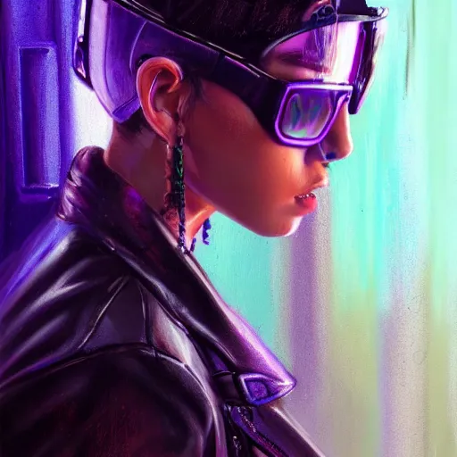 Prompt: very detailed masterpiece painting of a very beautiful wet young mexican cyberpunk woman with blue shutter shades, dark purple hair and a purple leather jacket, closeup, cyberpunk background, purple lighting, raining, portrait, artstation, concept art by greg rutkowski