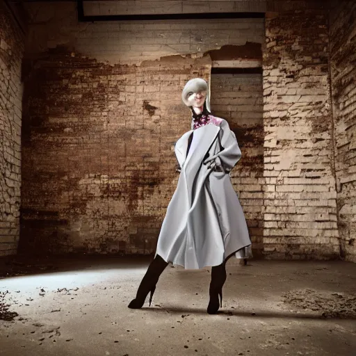 Image similar to medium format photograph of a surreal fashion shoot in an abandoned building, camera flash