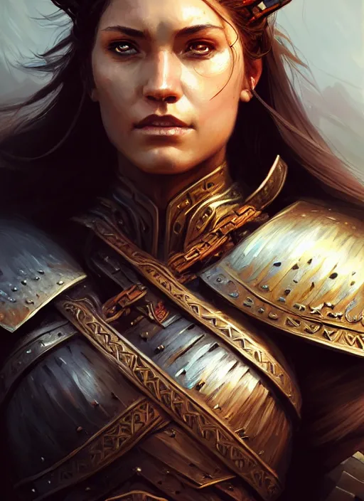 Image similar to Close-up portrait of a female warrior, D&D fantasy, she has brown, mid-length hair, she has a serious expression, and is wearing armor and a cape. Intricate, highly detailed, digital painting, artstation, concept art, sharp focus, illustration, art by greg rutkowski and Ross Tran