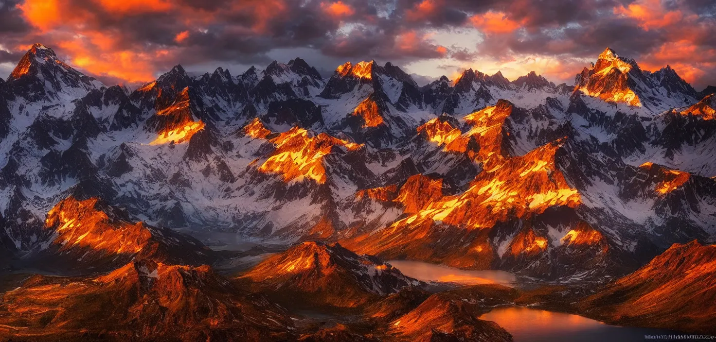 Image similar to amazing landscape photo of mountains with lake in sunset by marc adamus, beautiful dramatic lighting