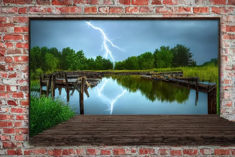 Image similar to pond with a weathered wooden dock, lightning strike in the background detailed, hyper realistic oil painting, intricately detailed, face, full lips, smiling eyes, 8 k, diffuse lighting, cinematic