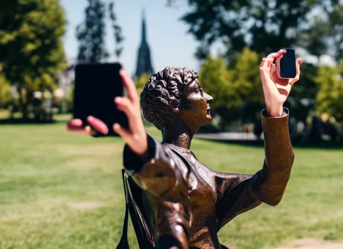 Image similar to photo still of a bronze statue of a woman using an iphone to take a selfie in a park on a bright sunny day, 8 k 8 5 mm f 1 6