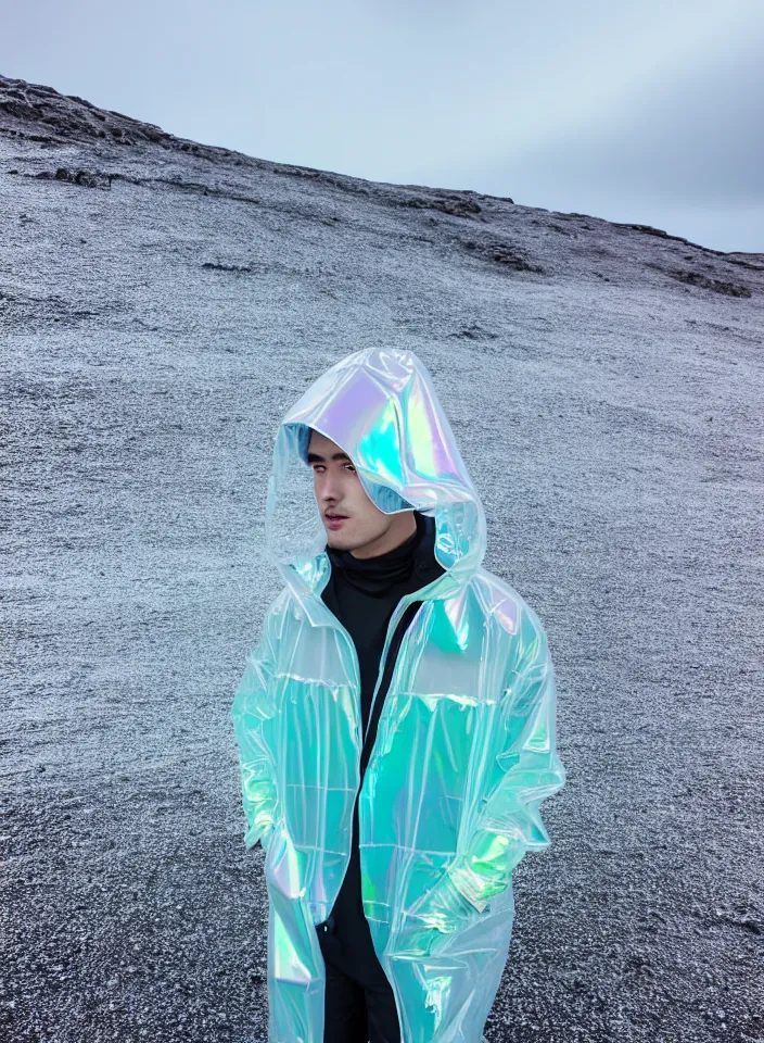 Prompt: an ultra high definition professional studio quality photograph of a single android influencer with silver skin wearing a transparent iridescent pastel coloured visor and matching wavey raincoat on white hook in a sheer icelandic black rock environment. three point light. dramatic lighting. volumetric shadows. light rays