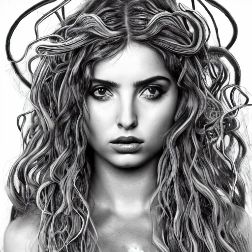 Prompt: ana de armas portrait as medusa from greek mythology, living venomous snakes in place of hair, ink drawing,, hyperdetailed, 8 k realistic, trending on artstation, by alphonso dunn and rob plater and miles yoshida