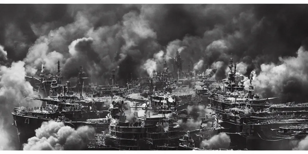 Prompt: fleet of steampunk battleships exploding and burning, clouds of smoke, wide shot, aerial view, 120 black and white film photograph