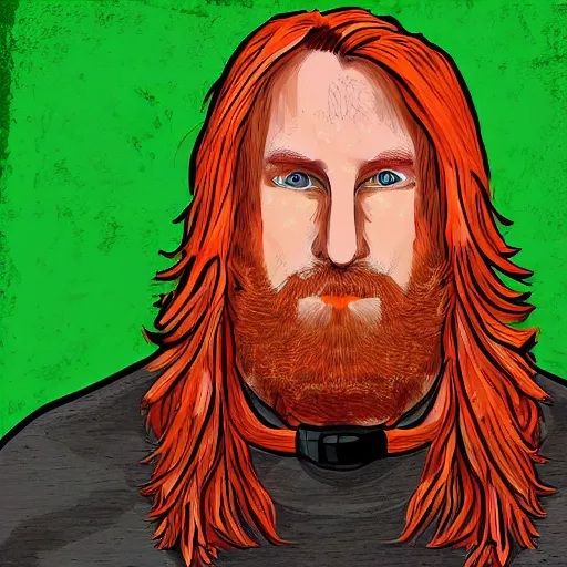 Prompt: portrait of an orange haired 3 8 - year old man with green eyes, a friendly squat face, digital art