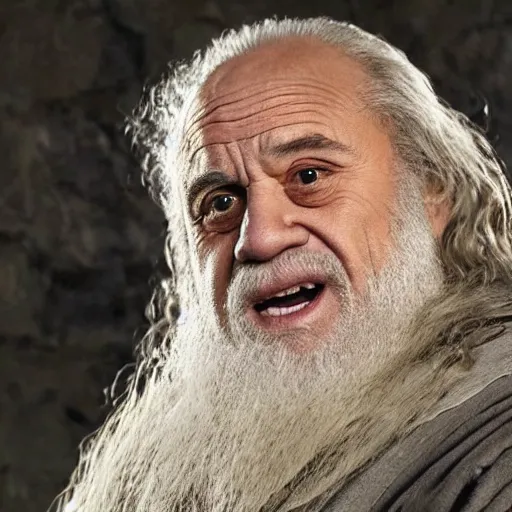 Image similar to danny devito starring as gandalf the white in the 2 0 2 4 lord of the rings movie, full body, hyper realistic, high quality, wide angle, always sunny in philadelphia