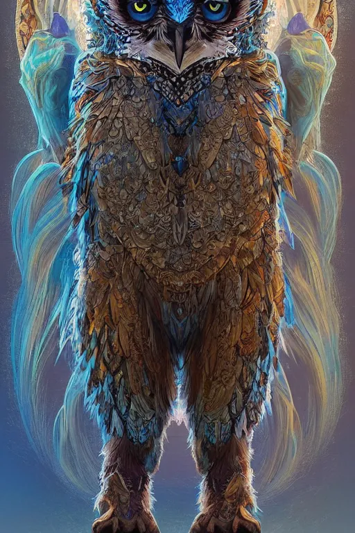 Prompt: a beautiful upper body shot from a fantasy film of a humanoid iridescent blue owlbear wearing a loose tunic. an anthropomorphic owlbear. fantasy, frown, intricate, elegant, highly detailed, digital painting, artstation, concept art, matte, sharp focus, illustration, art by artgerm and greg rutkowski and alphonse mucha