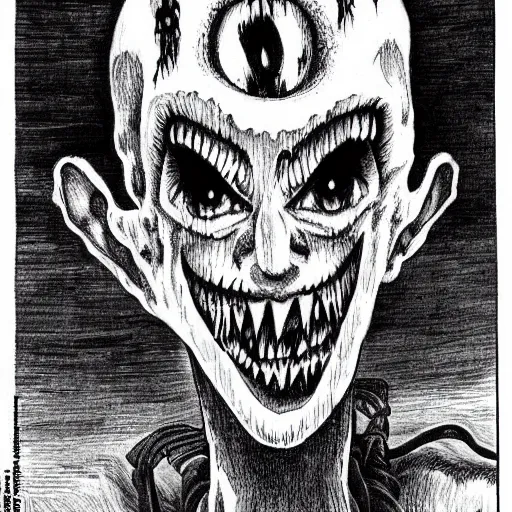 Prompt: a horrifying hantu drawn by junji ito, scary, demonic, black and white