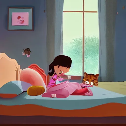 Image similar to a cute toddler girl is sleeping in her bedroom, while cats are making noise on the rooftops, pixar style