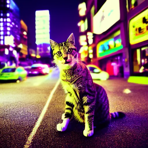 Image similar to professional photograph of a cat in a neon dystopian city, high quality, highly detailed, HD, 8K