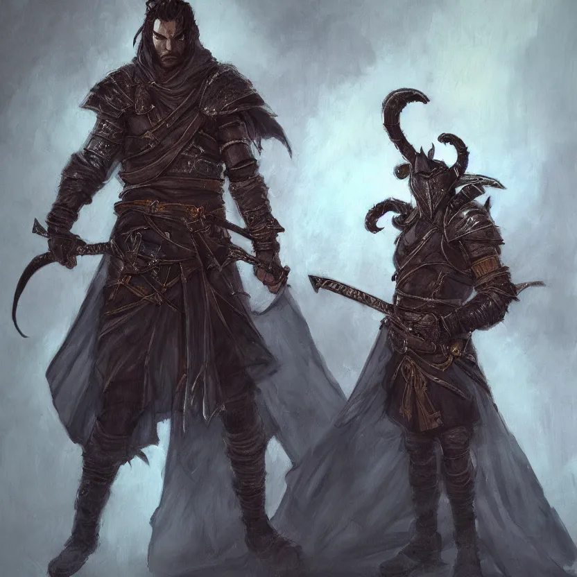 Prompt: an oil drawing of a gipsy tiefling with great sword in his hand in style of dark souls, a character portrait by muggur, disco elysium character, featured on deviantart, fantasy art, concept art, official art, hd mod