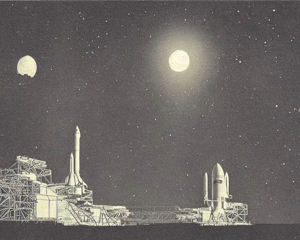 Prompt: achingly beautiful print of a singular Space Shuttle on the crawler-transporter, bathed in moonlight, by Hasui Kawase and Lyonel Feininger.