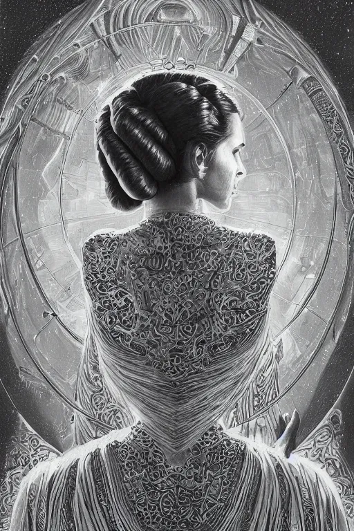 Image similar to highly detailed portrait of young princess leia organa by alex grey, patrick woodroffe, mark ryden created by gustave dore and greg rutkowski, high detailed, smooth draw, synthwave neon retro, intricate, realistic proportions, dramatic lighting, trending on artstation