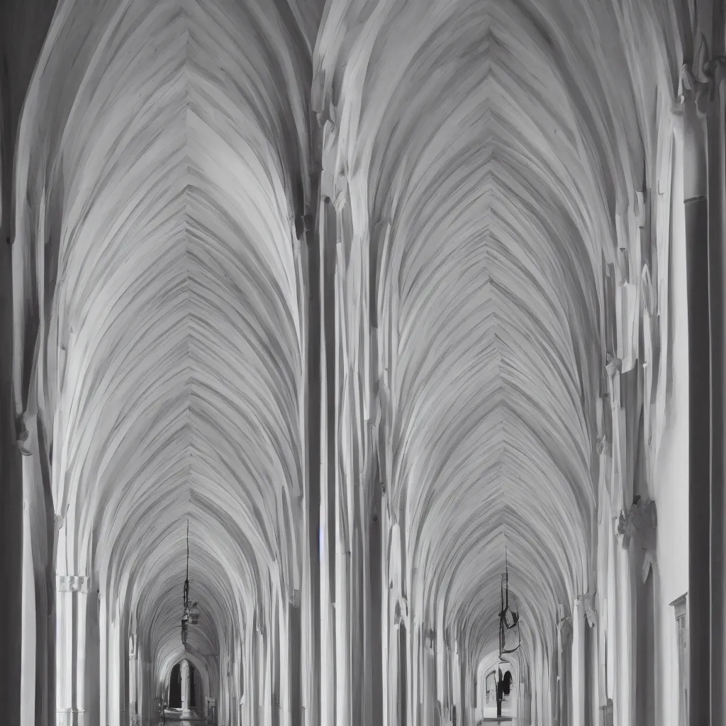 Prompt: photograph of a symmetrical hallway with multiple arches, pastel hues, minimalist, architecture magazine, dezeen, 50mm, pentax, film