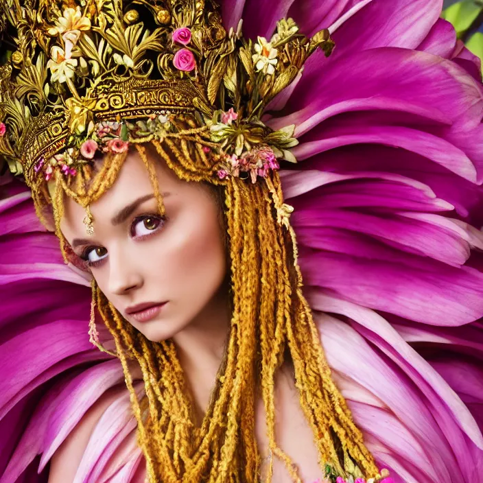 Prompt: photograph of a real-life beautiful flower goddess with ornate robes. Extremely detailed. 8k