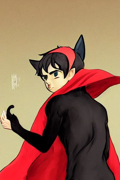 Image similar to little boy with cat ears in an black outfit with red cape. digital artwork made by lois van baarle and kentaro miura and marc simonetti, sharpness focus, inspired by hirohiko araki, anatomically correct, heroic composition, hero pose, smooth