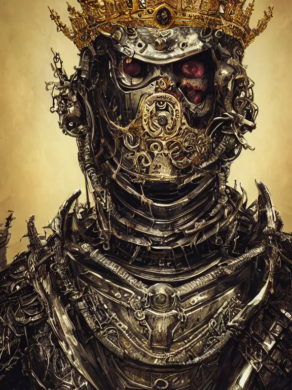 Prompt: portrait art of 8k ultra realistic undead king,detailed gold crown, intricate ornate armour,decaying, cybernetic, full of colour, cinematic lighting, battered, trending on artstation, 4k, hyperrealistic, focused, extreme details,unreal engine 5, cinematic, masterpiece, art by ayami kojima, giger