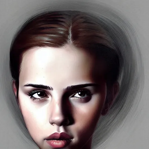 Image similar to portrait of girl who look like a mix of emma watson, scarlett johansson, nathalie portman, david rutkowski very detailled, by artgem