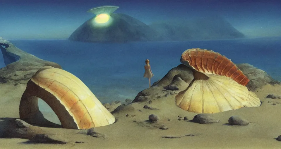 Image similar to a deserted island, giant seashell stands in the middle, a girl standing below, concept art by roger dean and john harris, atmospheric