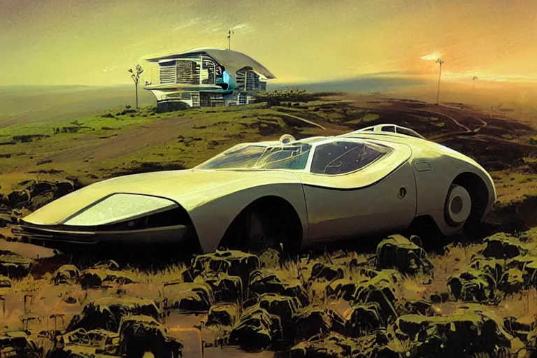 Prompt: retro futuristic car on muddy track on moorland hill, scifi house in distance, by syd mead, john berkey, jeremy mann, science fiction