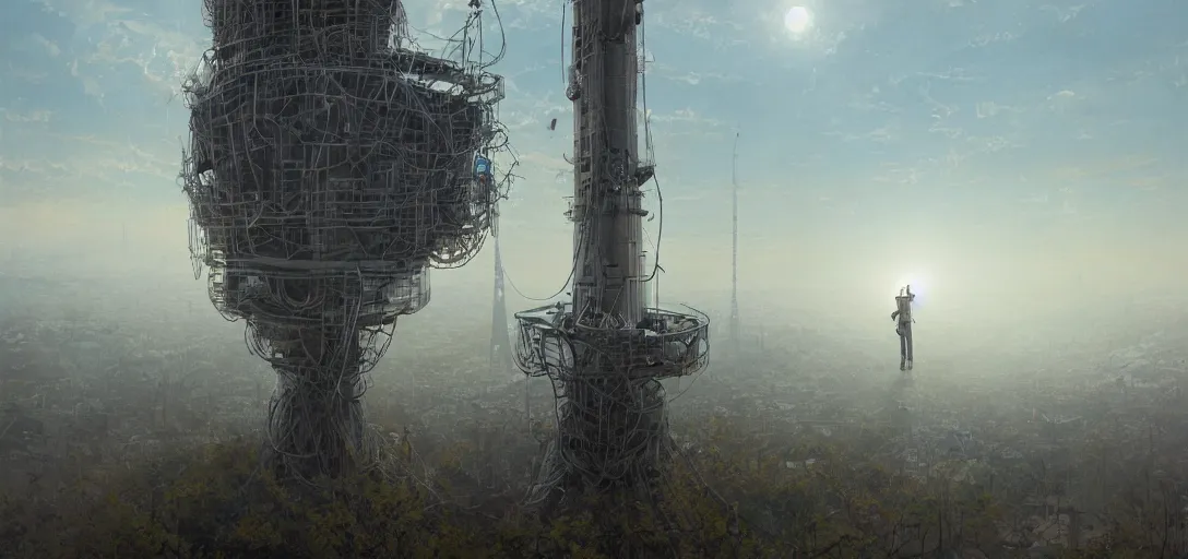 Image similar to Wireless Internet technician looking up from the base of a giant telecommunications tower, getting ready to climb and replace radio. Post apocalypitic landscape, dystopia. james gurney, james jean, greg rutkowski, anato finnstark. hyper detailed, 35mm, hazy atmospheric lighting volumetric