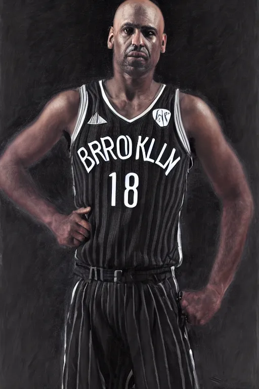 Image similar to full body portrait of the dictator of the brooklyn nets, 1 8 8 9, in full military garb, black, silver, oil on canvas by william sidney mount, trending on artstation