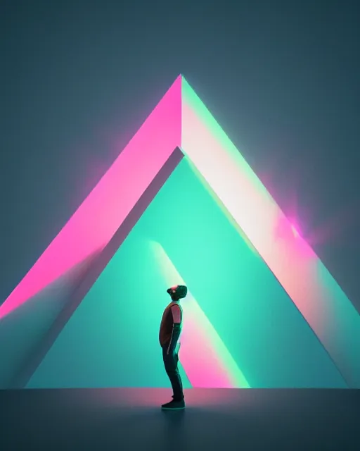 Image similar to a man standing in the middle of a mountain with a glowy neon triangle, a render by filip hodas, behance contest winner, environmental art, rendered in cinema 4 d, volumetric lighting